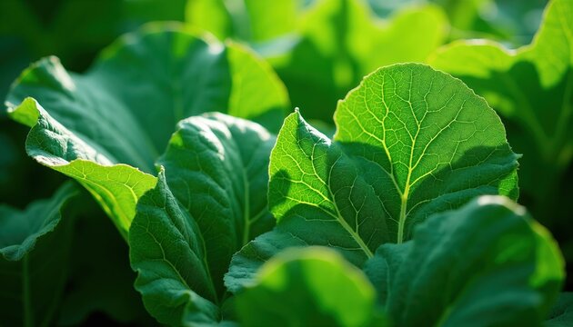 Rich green cassava leaves show detailed vein patterns against soft background. Close view of healthy plant foliage under sunlight. Fresh organic vegetation for food or eco themes.