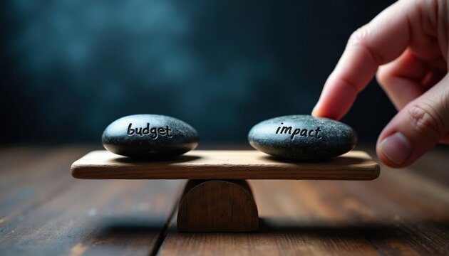 Stones labeled budget and impact rest on wooden scales. A finger touches the impact stone, suggesting a decision or comparison. This signifies weighing financial constraints against desired outcomes.