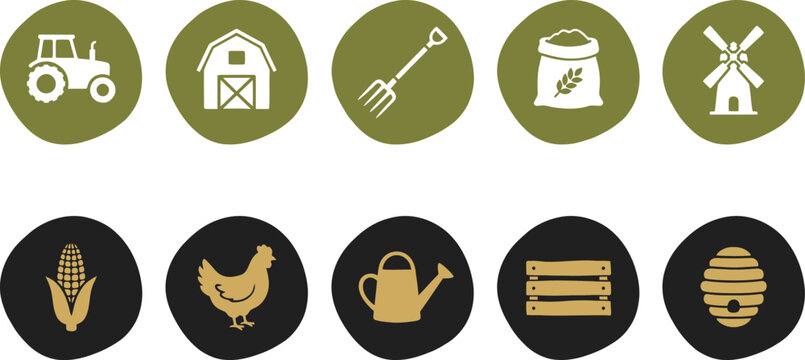 Farm icons set with tractor, barn, chicken, corn, and beehive isolated on white background, Vector