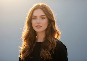 Fototapeta premium A beautiful young woman with long auburn hair lit by golden hour sunlight