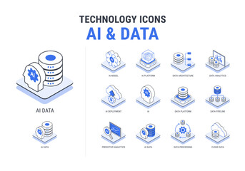 Technology outline icons set for AI and Data workflow diagram - AI model, platform, data architecture, data analytics, processing, cloud - Minimal isometric vector in blue and black isolated on white