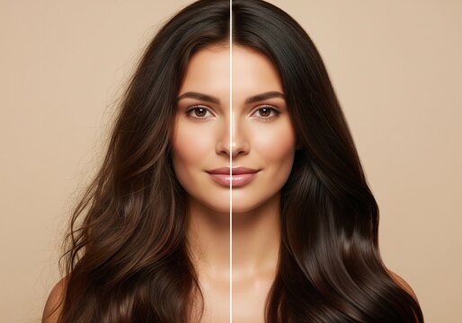 Split screen portrait of a woman with beautiful, healthy, shiny brown hair before and after treatment