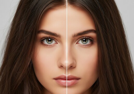 Split image showing before and after skin rejuvenation or makeup application on a woman's face