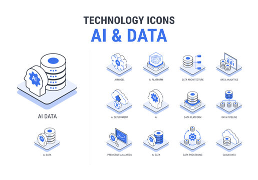 Technology outline icons set for AI and Data workflow diagram - AI model, platform, data architecture, data analytics, processing, cloud - Minimal isometric vector in blue and black isolated on white