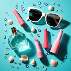 Fototapeta premium Flat lay of summer beauty essentials including perfume, lipsticks, and sunglasses arranged with seashells and colorful gems on a vibrant turquoise background, perfect for fashion and vacation themes.