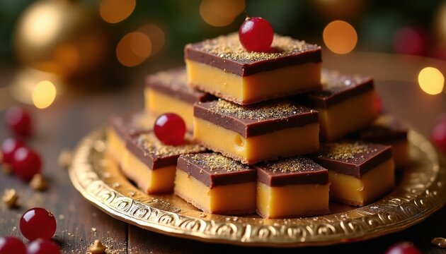 Stacked chocolate barfi dessert with saffron and red berry garnish on ornate gold plate. Sweet layered confection with festive bokeh background and scattered nuts.