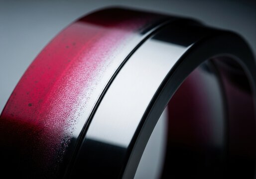 Macro shot of a metallic ring with red gradient spray paint texture