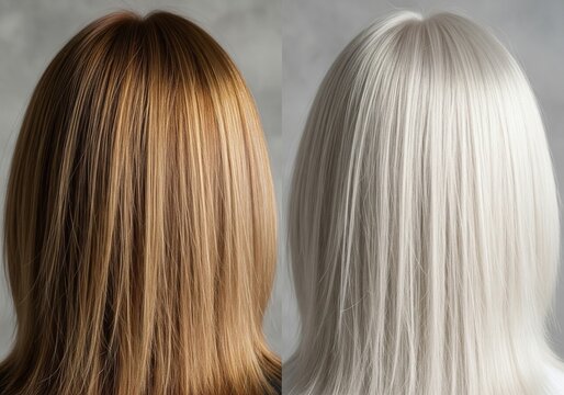 Split image showing before and after hair transformation from brown to platinum blonde