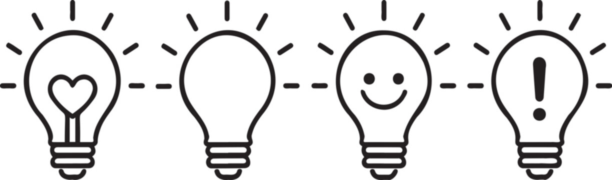 Four light bulbs featuring diverse interior symbols including a heart and a smile and an exclamation mark in black lines