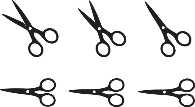 Black silhouette icons of scissors arranged in a grid pattern showing various angles of open and closed cutting tool blades