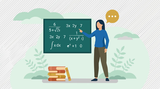 Female teacher explaining mathematical equations on a blackboard, education concept illustration