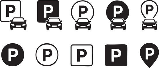Various black and white parking icons featuring letter p symbols and car silhouettes for navigation and location map design projects © Monivara Creations