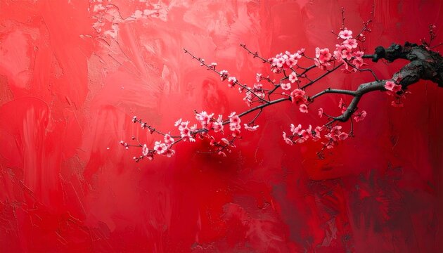 sakura flowers and red paint on a wall