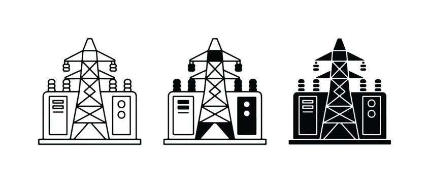 Power substation icons, electricity transmission tower, industrial energy infrastructure, electrical grid components