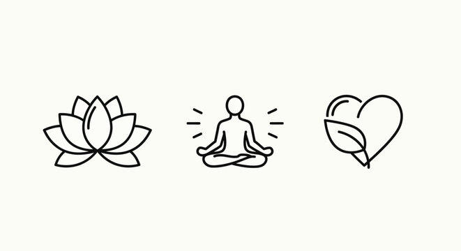 Lotus flower meditation and heart with leaf line icons