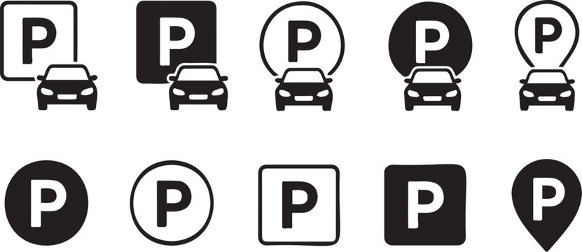 Various black and white parking icons featuring letter p symbols and car silhouettes for navigation and location map design projects