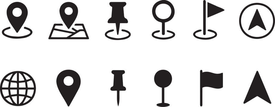 Set of black location and navigation icons representing map pins markers globes flags and directional arrows for digital design projects