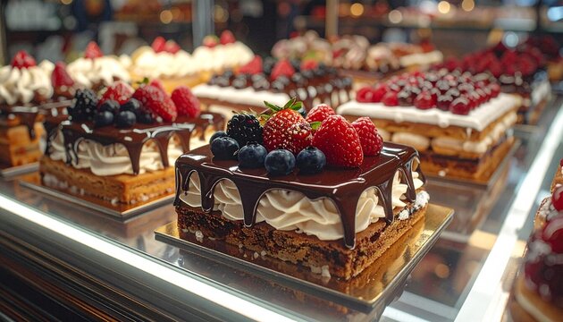 Elegant luxury pastry display featuring colorful macarons, layered cakes, fresh berries, creamy fillings, and rich glossy chocolate glaze arranged beautifully on a sophisticated dessert table, creatin