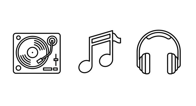 music icons set turntable music note and headphones line art