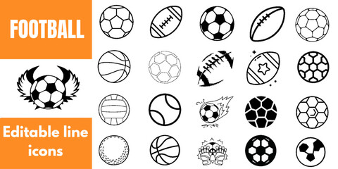 Football Editable Line Icons Set – Soccer Ball Sports Vector Collection EPS © Dil Murad 