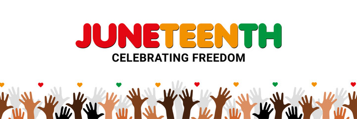 Fototapeta premium Modern Juneteenth Banner with Raised Hands. Colorful Juneteenth Celebration Vector Background