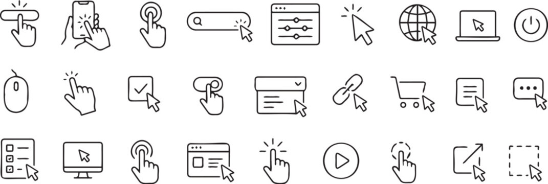 Set of black line icons representing various computer mouse cursor interactions and different digital user interface navigation web control elements