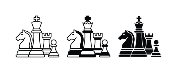 Chess Pieces Icons Set, Strategy Game Symbols, Black and White Vector Graphics © Khairul