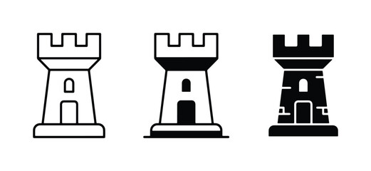 Chess Rook Icons, Strategy Game Pieces, Silhouette and Outline Vector Art © Khairul