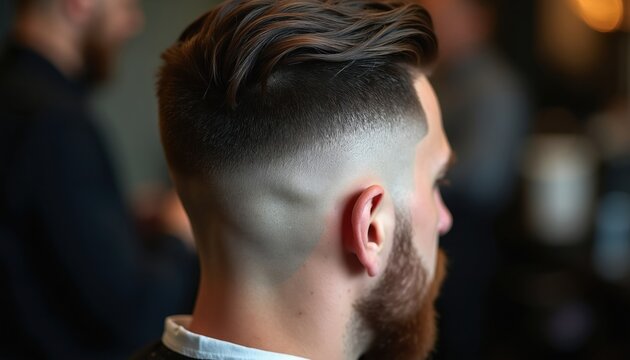 Man sports modern fade haircut with beard. Barber trims hair for stylish man. Sharp clean cut in barbershop. Grooming for confident appearance. Men fashion detail.