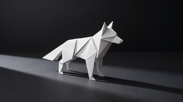 Minimalist white origami wolf standing on a dark grey surface