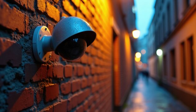 Security camera on wet brick wall in urban alley at dusk. Lights glow on buildings and wet street. City surveillance tech monitors quiet street life.