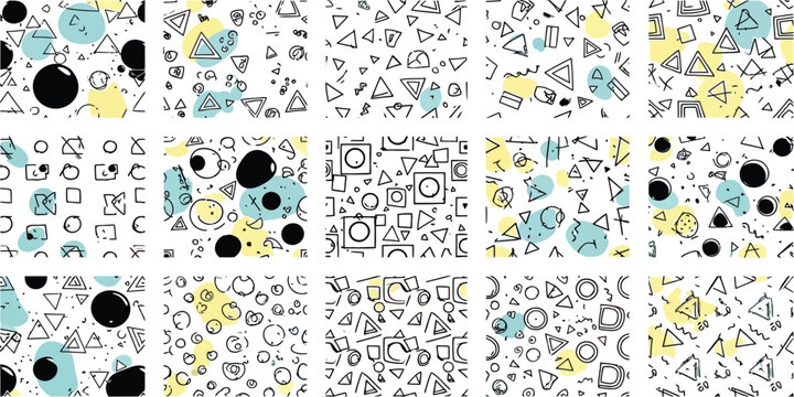 Memphis style seamless patterns with colorful geometric shapes and abstract hand drawn doodles for modern graphic design and vibrant textile prints