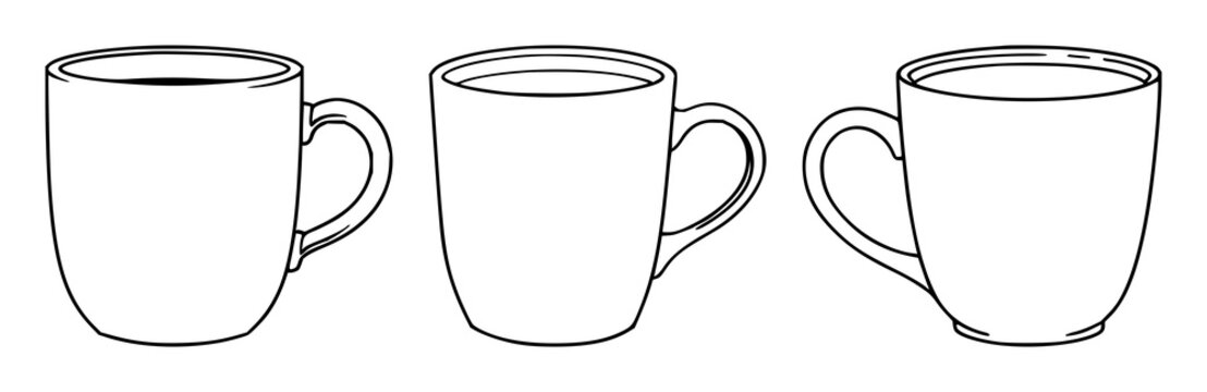 Ceramic coffee mug set with black line art on white background featuring silhouette, simple, outline with coffee cup and steam and ceramic