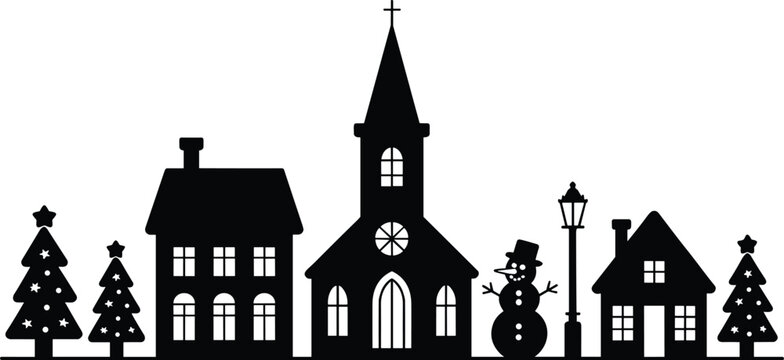 Black silhouette of a small town with church and snowman on white background