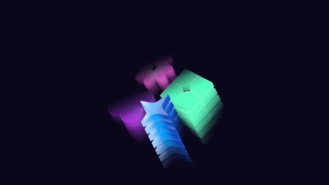 Abstract glowing geometric shapes in neon blue green and purple floating in a dark void representing creative synergy and advanced data visualization