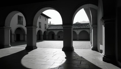 Fototapeta premium Monochrome building facade with arched walkways forming courtyard. Dramatic light, shadow play across paving stones, colonnade. Geometric patterns, architectural details create classic, serene