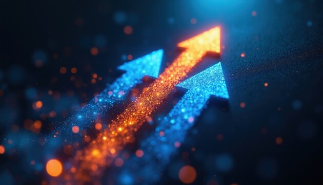 Three glowing arrows, one orange and two blue, move upwards on dark background. They represent growth, progress, and forward movement. Particles and bokeh add a dynamic, modern feel.