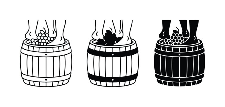 Grape Stomping Icons: Wine Making Process, Traditional Foot Pressing, Vineyard Harvest