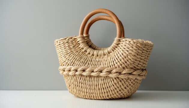 Woven straw handbag with round wooden handles and braided detail sits on a neutral surface. This stylish accessory is perfect for summer travel beach days and eco conscious fashion.