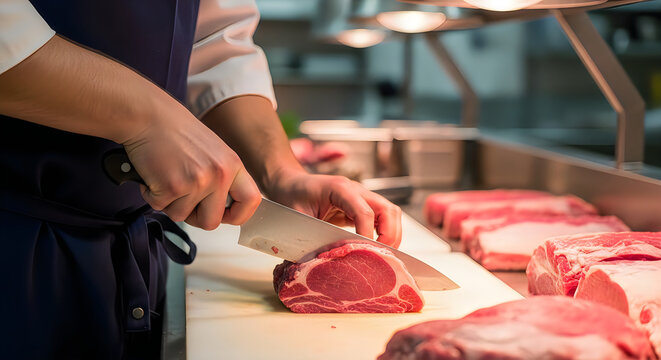 Professional butcher cutting raw meat on a wooden board in a shop