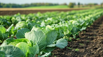 Naklejka premium Cabbage plantations grow in rows on a sunny day in the farming field during the growing season