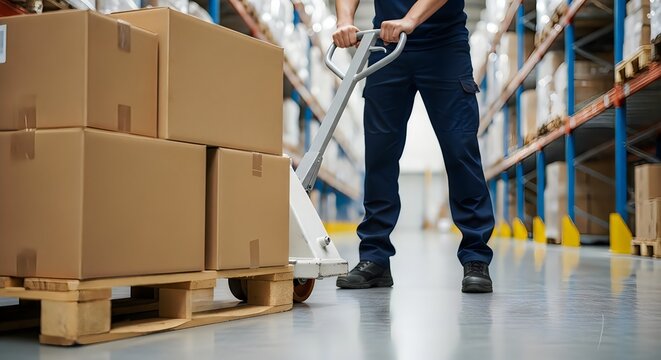 Worker pulling pallet jack with cardboard boxes in a large warehouse