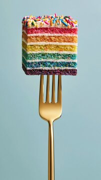 Slice of colorful rainbow layer cake on golden fork over blue background
