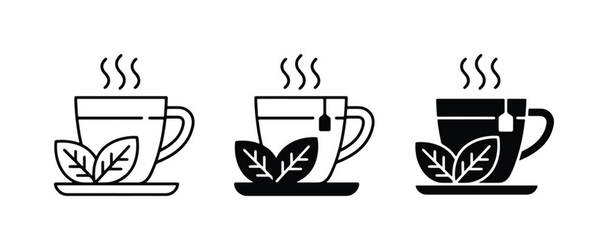 Hot Tea Icons, Mint Leaf Beverage Cups, Steaming Drink Symbols, Vector Set