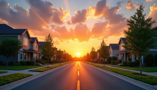 Street in residential neighborhood at sunset. Modern houses with green lawns and trees line the road. Sky glows with warm orange and yellow colors. Peaceful suburban evening atmosphere.