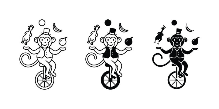Circus Monkey Juggling on Unicycle, Vintage Retro Style Vector Icons