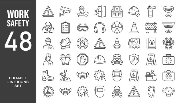 Work safety icon set. Editable line icons. Vector illustration.