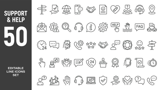 Support and Help icon set. Editable line icons. Vector illustration.