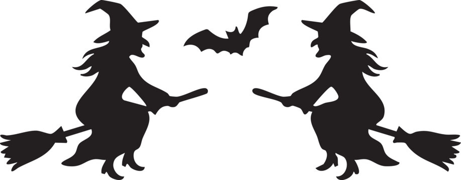 Silhouettes of two witches flying on broomsticks with bats in a spooky Halloween scene