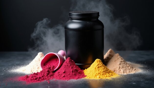 Diverse colored protein powders surround a black container. Scoops hold bright powders. Supplements aid fitness goals. Powders for healthy diet and muscle gain. Product isolated on dark backdrop.